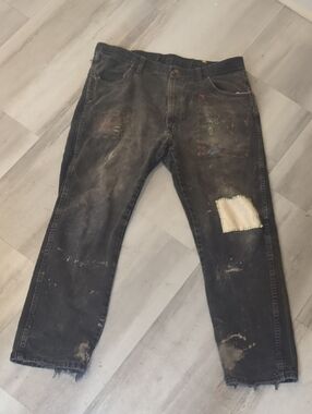 Men's Black Distressed Painter Jeans with Patch Detail Sashinko Rustler 38-29